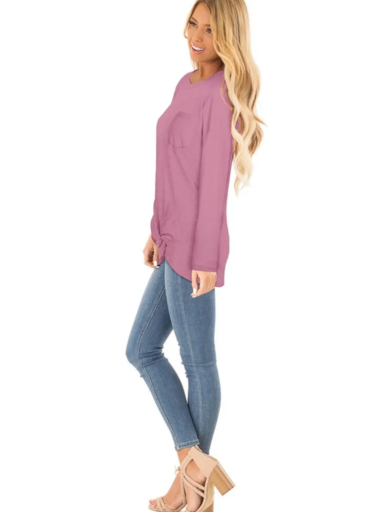 Chicvane Fashion Women Long Sleeve Crew Neck Top Solid Color Twist KnoT-Shirts with Pockets