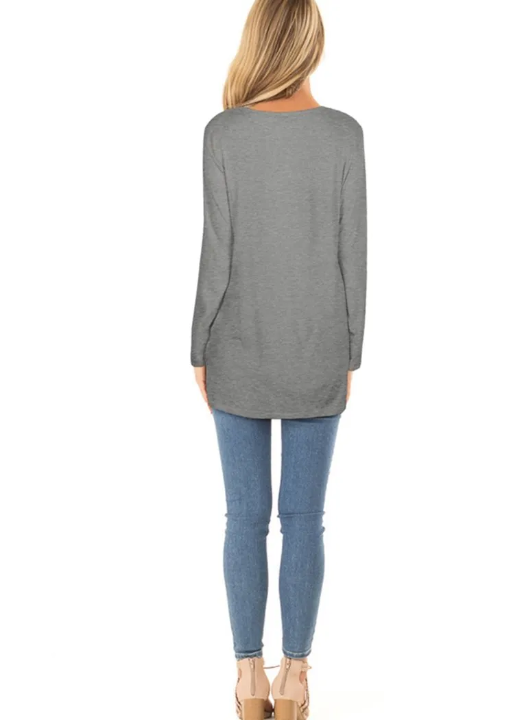Chicvane Fashion Women Long Sleeve Crew Neck Top Solid Color Twist KnoT-Shirts with Pockets
