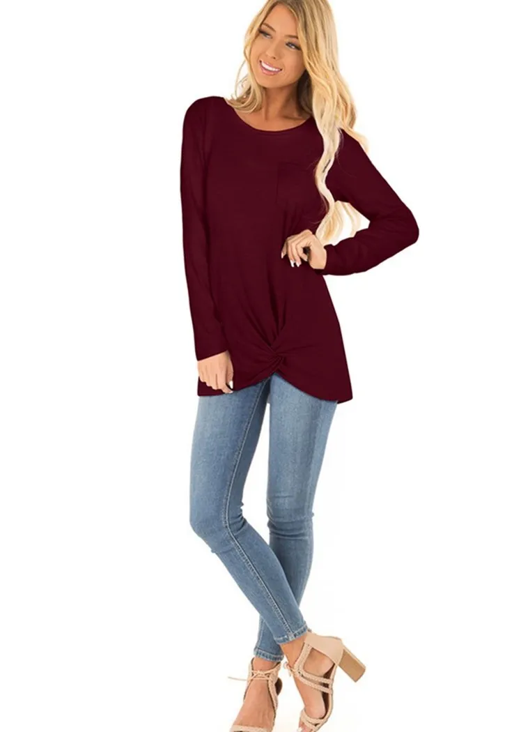 Chicvane Fashion Women Long Sleeve Crew Neck Top Solid Color Twist KnoT-Shirts with Pockets
