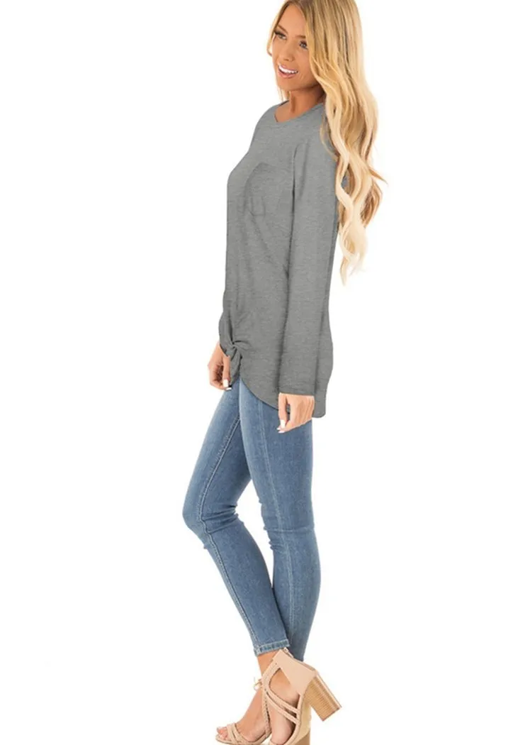 Chicvane Fashion Women Long Sleeve Crew Neck Top Solid Color Twist KnoT-Shirts with Pockets