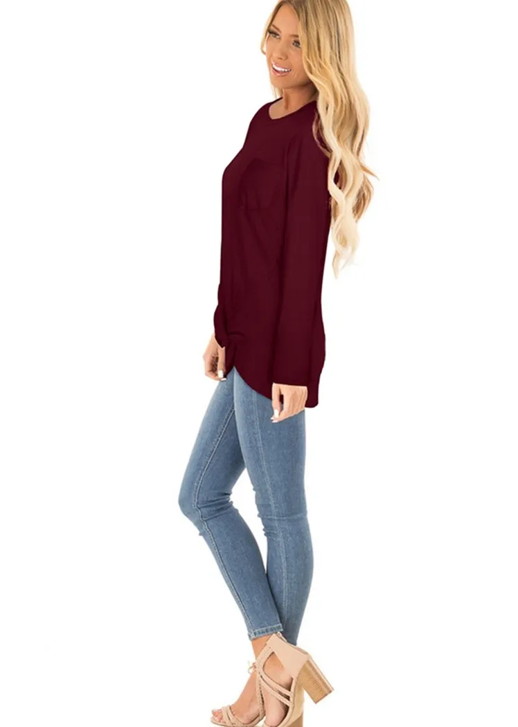 Chicvane Fashion Women Long Sleeve Crew Neck Top Solid Color Twist KnoT-Shirts with Pockets