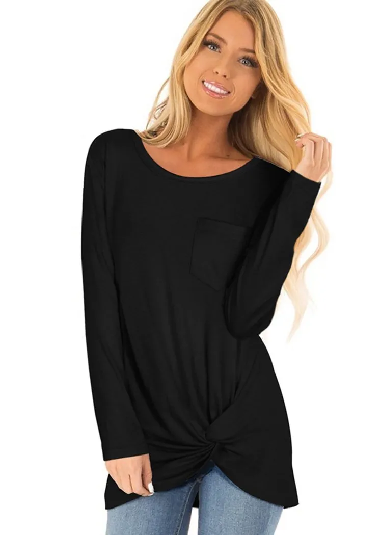Chicvane Fashion Women Long Sleeve Crew Neck Top Solid Color Twist KnoT-Shirts with Pockets