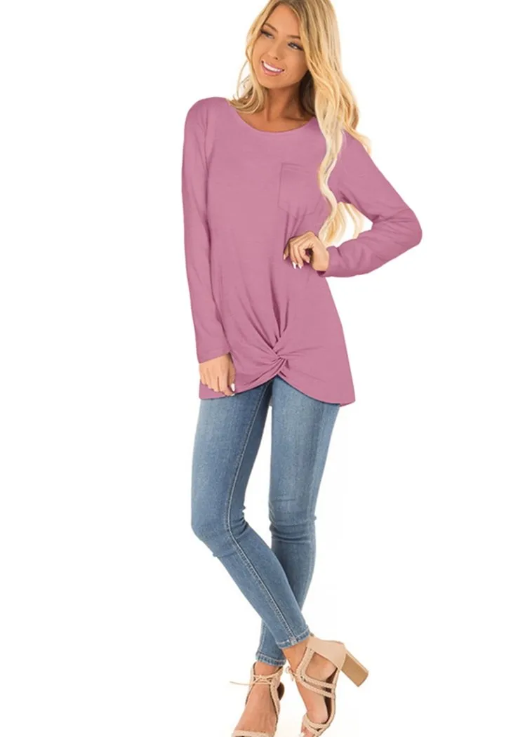 Chicvane Fashion Women Long Sleeve Crew Neck Top Solid Color Twist KnoT-Shirts with Pockets
