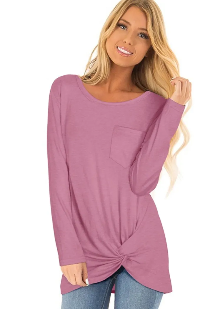 Chicvane Fashion Women Long Sleeve Crew Neck Top Solid Color Twist KnoT-Shirts with Pockets