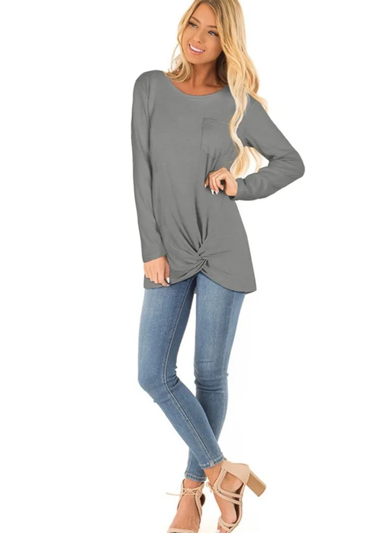 Chicvane Fashion Women Long Sleeve Crew Neck Top Solid Color Twist KnoT-Shirts with Pockets