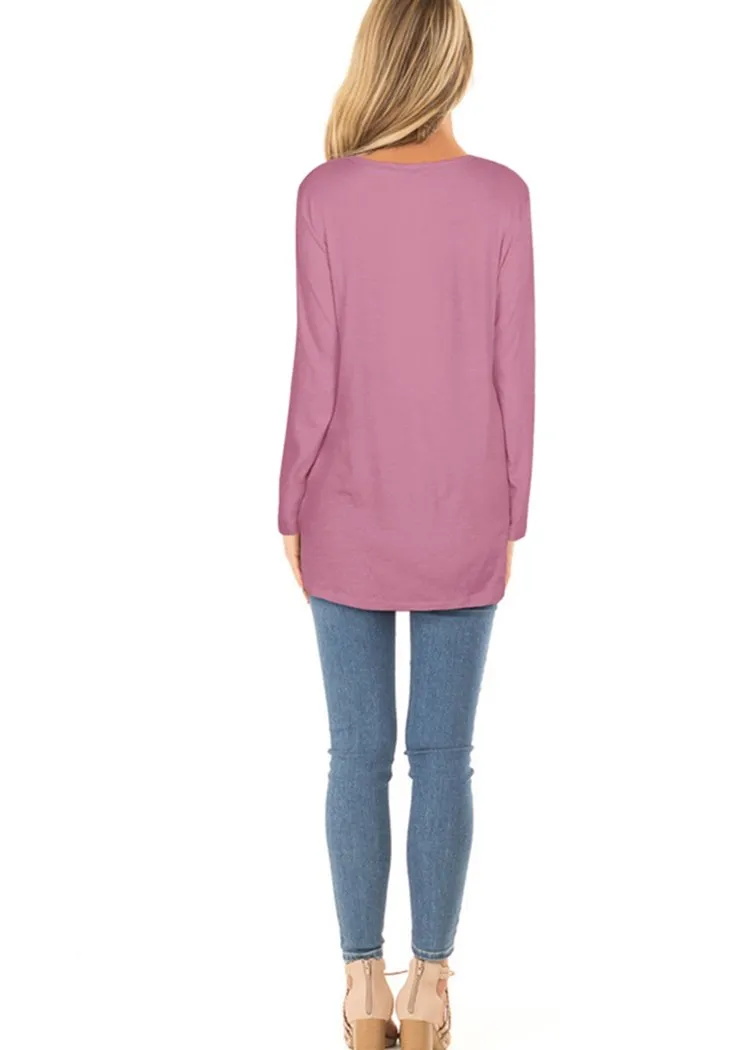 Chicvane Fashion Women Long Sleeve Crew Neck Top Solid Color Twist KnoT-Shirts with Pockets