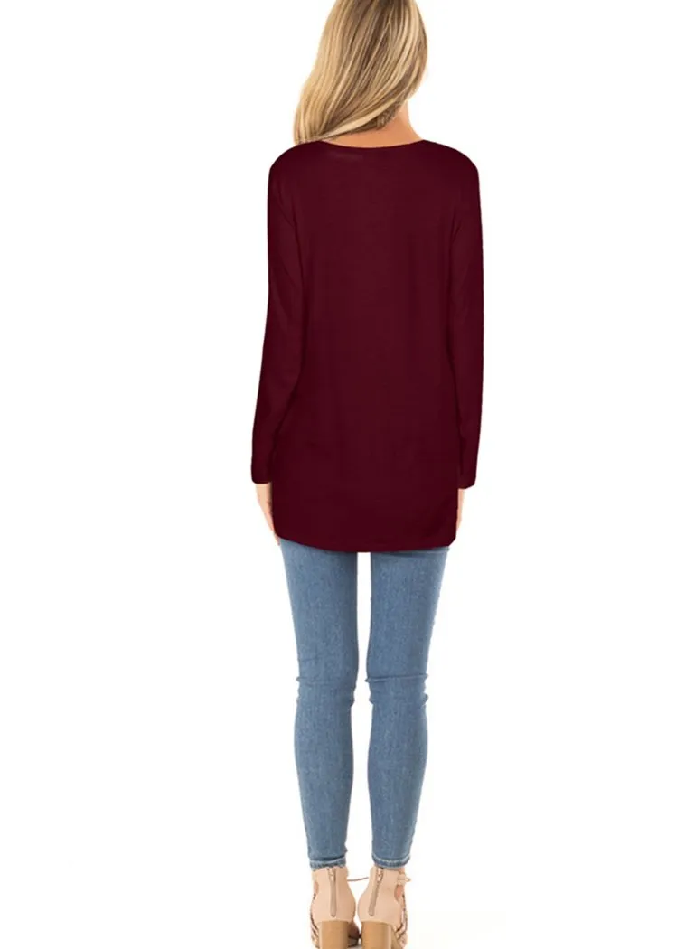 Chicvane Fashion Women Long Sleeve Crew Neck Top Solid Color Twist KnoT-Shirts with Pockets