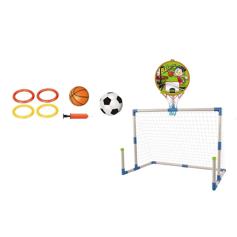 Children Outdoor Football Goal Stand With Basketball Net Hoop And Ring Toss Jq-11