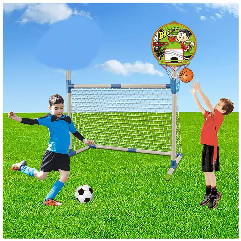 Children Outdoor Football Goal Stand With Basketball Net Hoop And Ring Toss Jq-11
