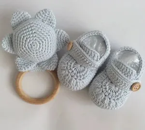 Crochet Baby Booties Blue and Rattle Toy