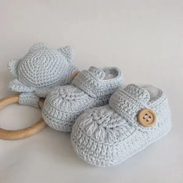 Crochet Baby Booties Blue and Rattle Toy