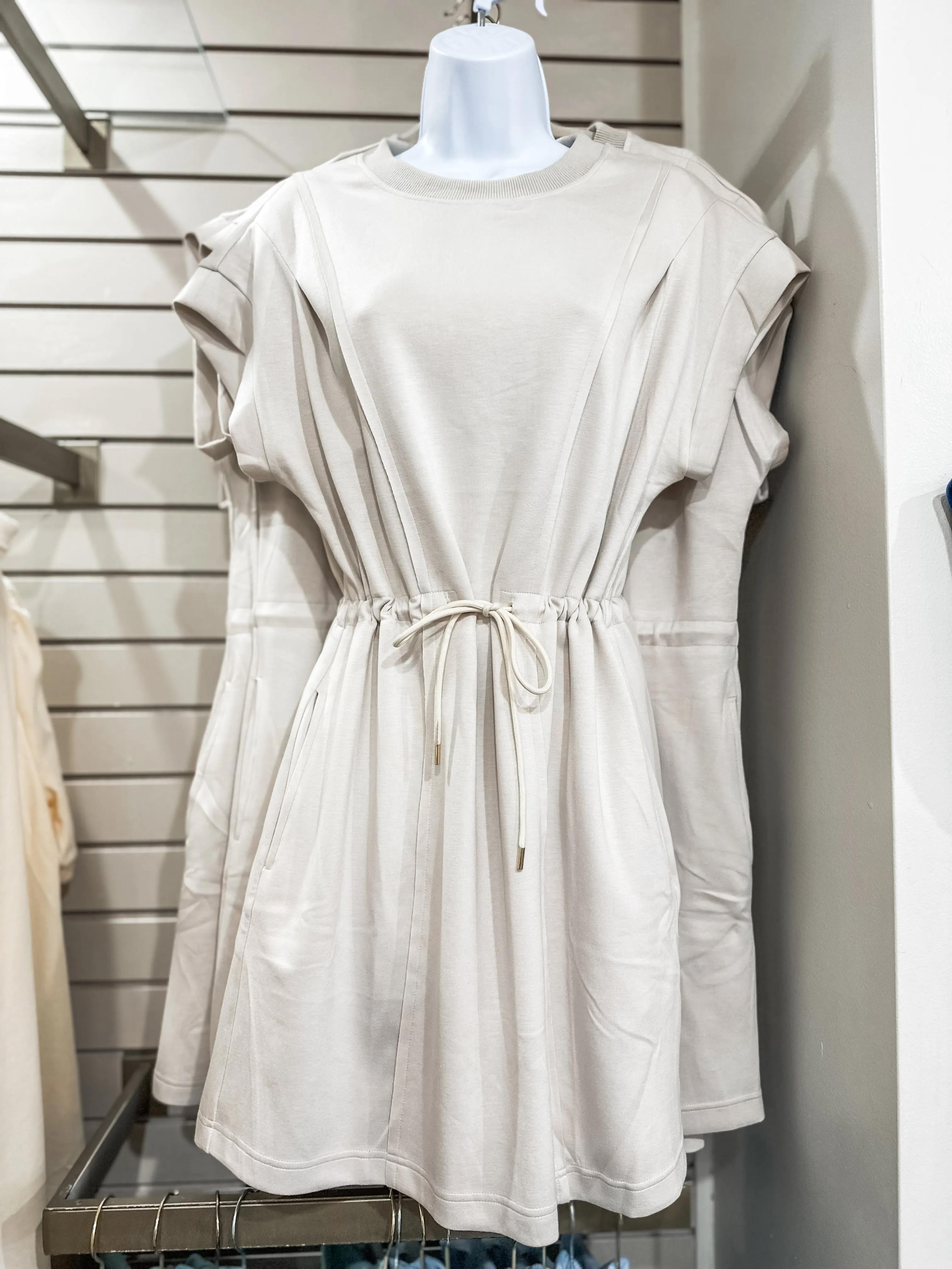Ecru Sunday Stroll Luxeknit Pleated Short Sleeve Mini Dress