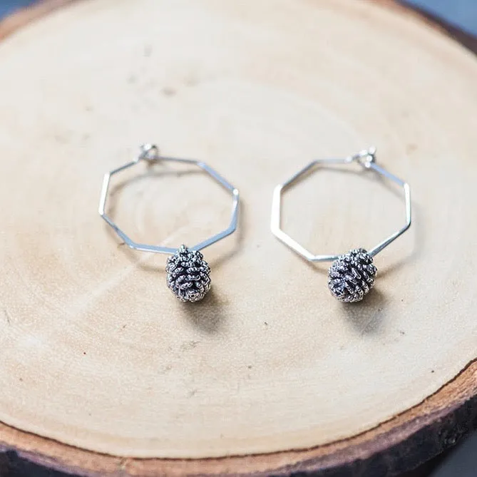 Geometric Silver Pinecone Hoop Earrings
