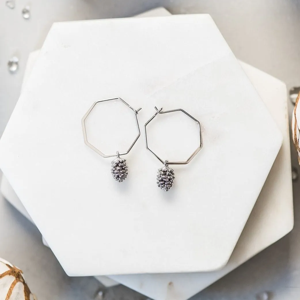 Geometric Silver Pinecone Hoop Earrings
