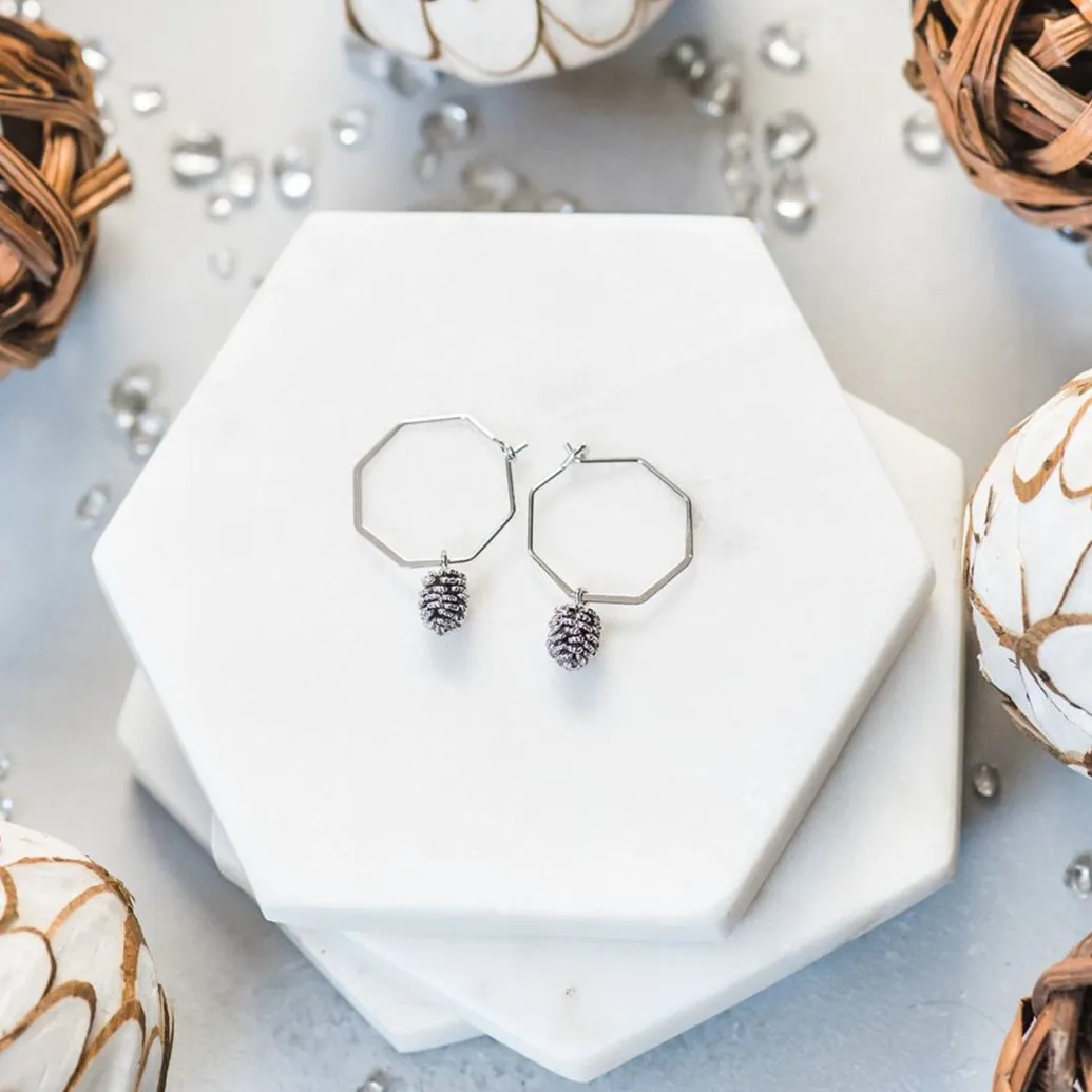 Geometric Silver Pinecone Hoop Earrings