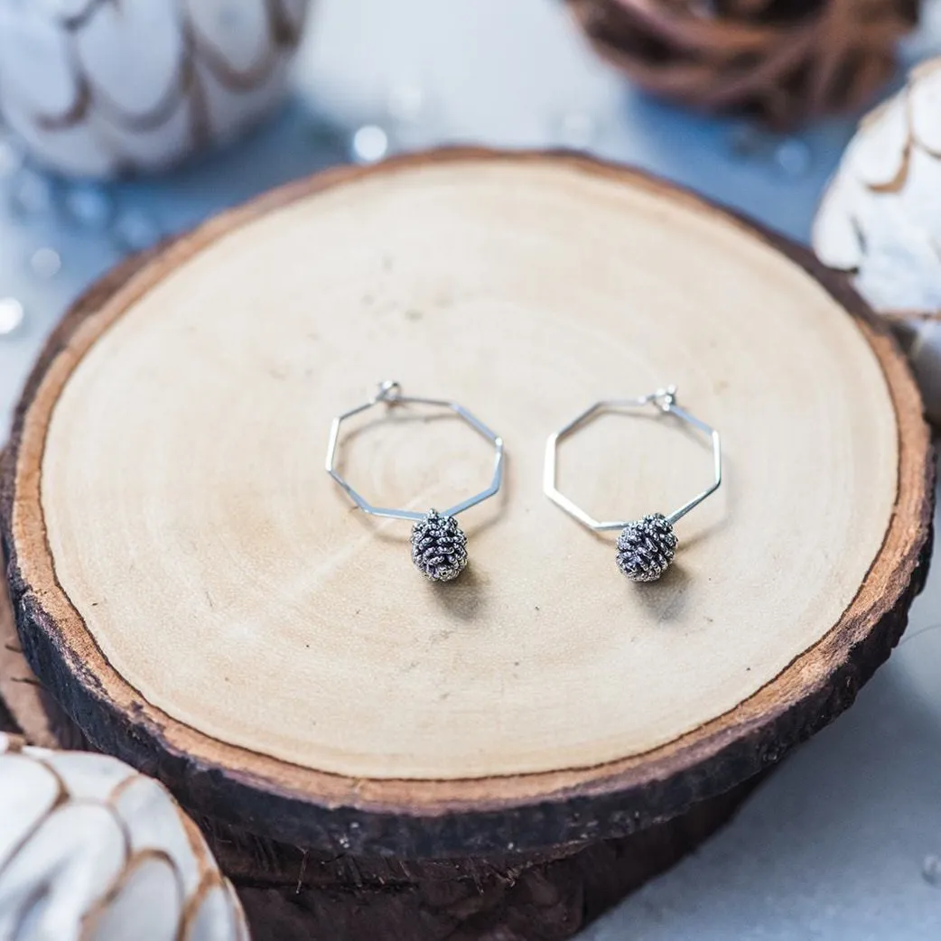 Geometric Silver Pinecone Hoop Earrings