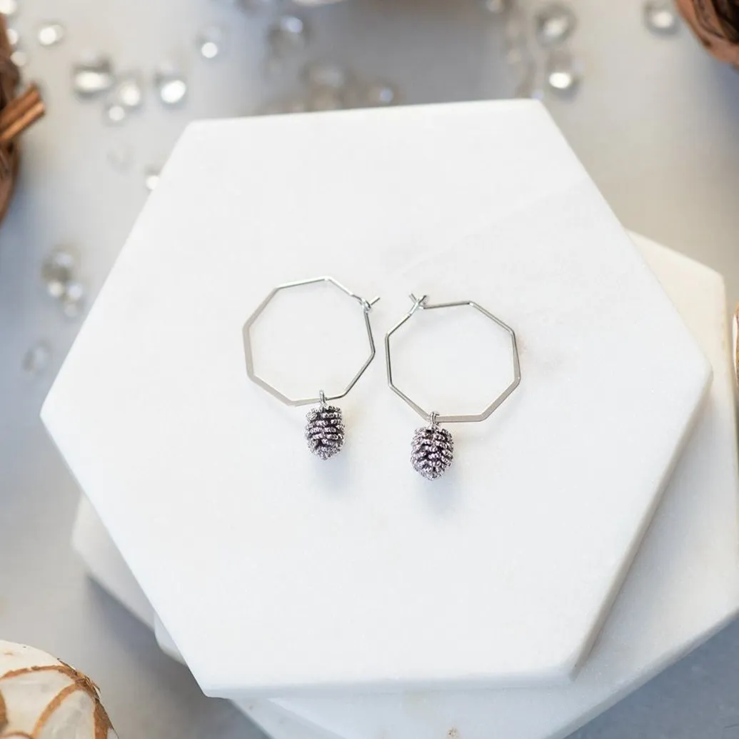 Geometric Silver Pinecone Hoop Earrings