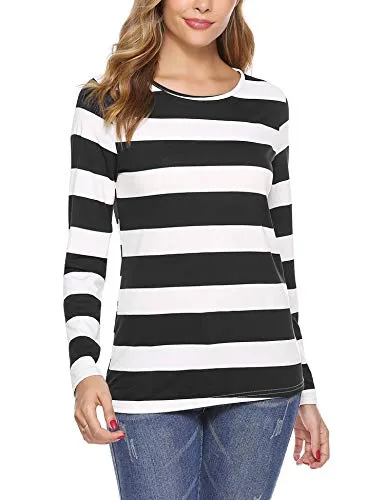 iClosam Women Striped T-Shirt Long Sleeve Tee Shirt Blouse Pajamas Top Black