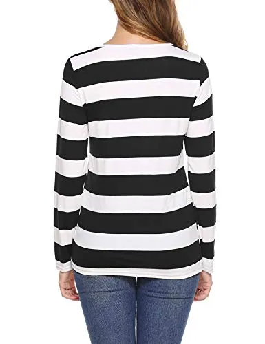 iClosam Women Striped T-Shirt Long Sleeve Tee Shirt Blouse Pajamas Top Black