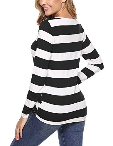 iClosam Women Striped T-Shirt Long Sleeve Tee Shirt Blouse Pajamas Top Black
