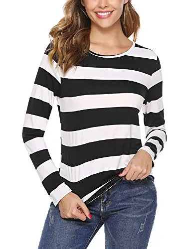 iClosam Women Striped T-Shirt Long Sleeve Tee Shirt Blouse Pajamas Top Black