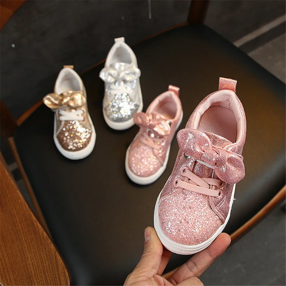 Kids Girls' PU Round-Toe Sparkle Bowknot Sequin Sneakers