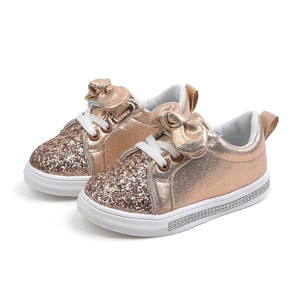 Kids Girls' PU Round-Toe Sparkle Bowknot Sequin Sneakers