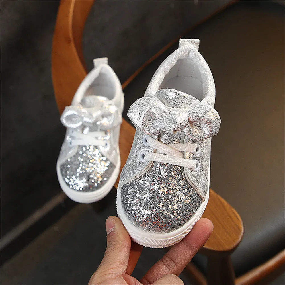 Kids Girls' PU Round-Toe Sparkle Bowknot Sequin Sneakers