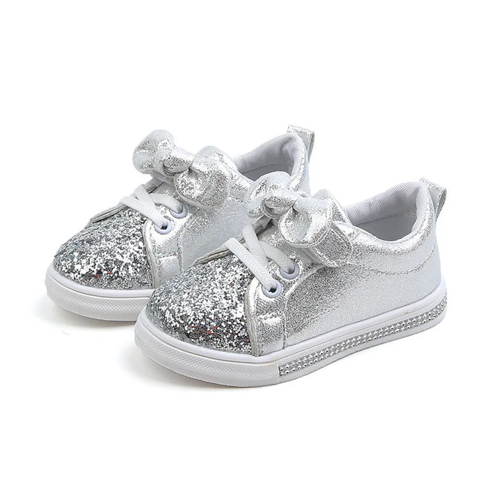 Kids Girls' PU Round-Toe Sparkle Bowknot Sequin Sneakers