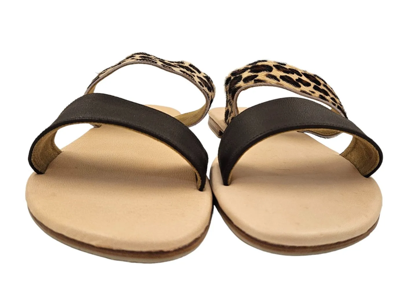 Leopard and Brown 2 Strap Leather Slide Sandals