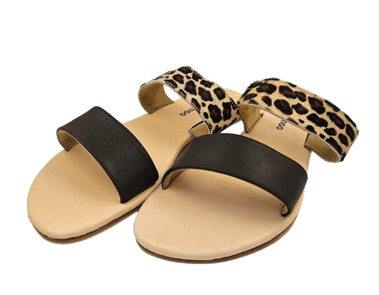 Leopard and Brown 2 Strap Leather Slide Sandals