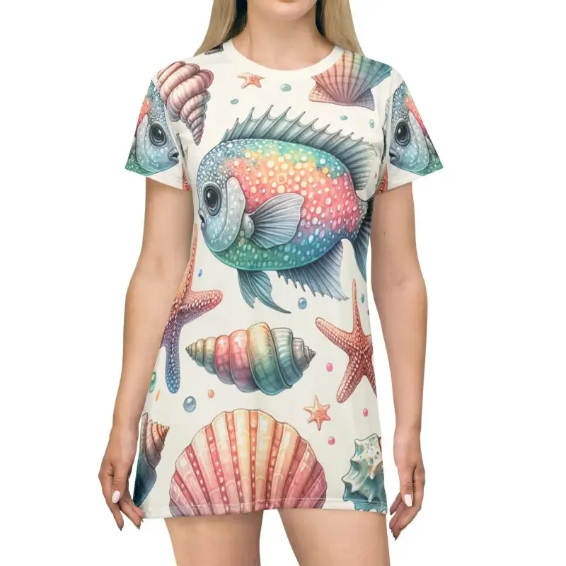 Marine Life Pattern Print t Shirt Dress
