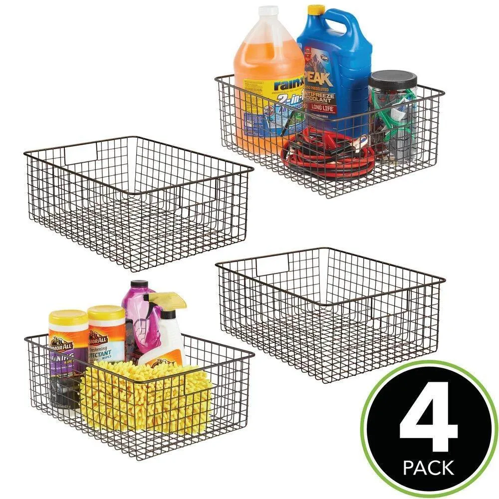 mDesign Large Farmhouse Decor Metal Wire Garage, Home Organizer Storage Bin Basket - for Cabinets, Shelves, Countertops, Bathroom, Bedroom, Kitchen, Laundry Room, Closet - 16" Long - 4 Pack - Bronze
