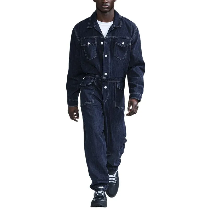 Men Fashion Multi-pocket Single-breasted Lapel Long-sleeved Denim Jumpsuit 20921518Y