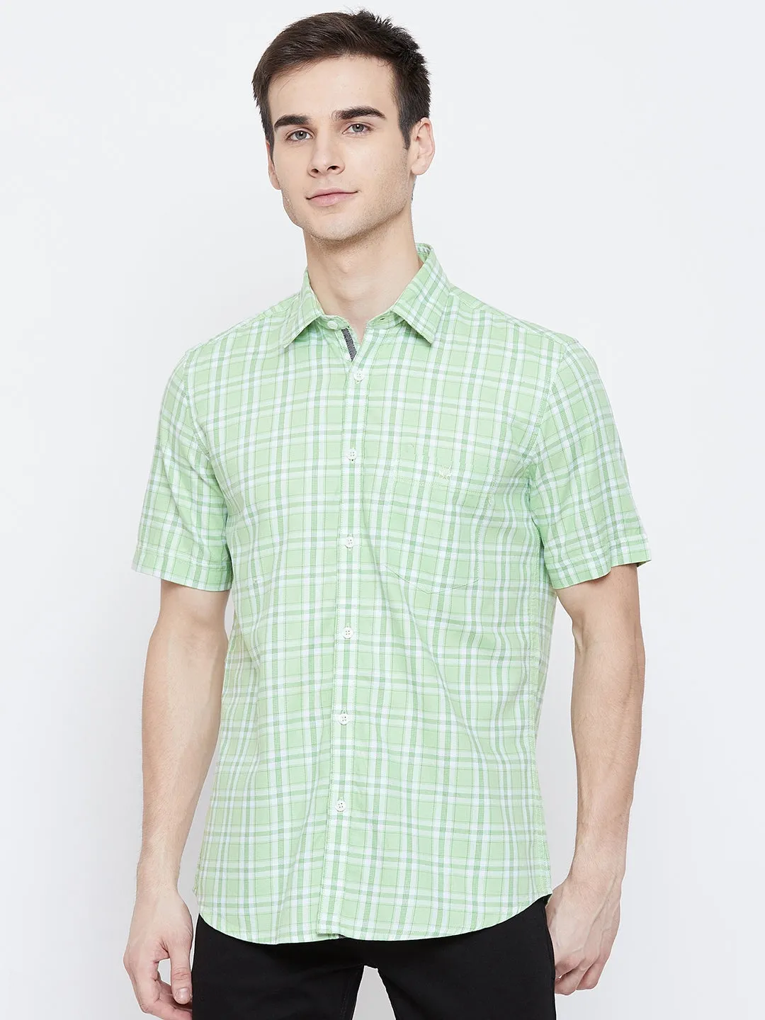 Mint Green Checked Spread Collar Slim Fit Shirt