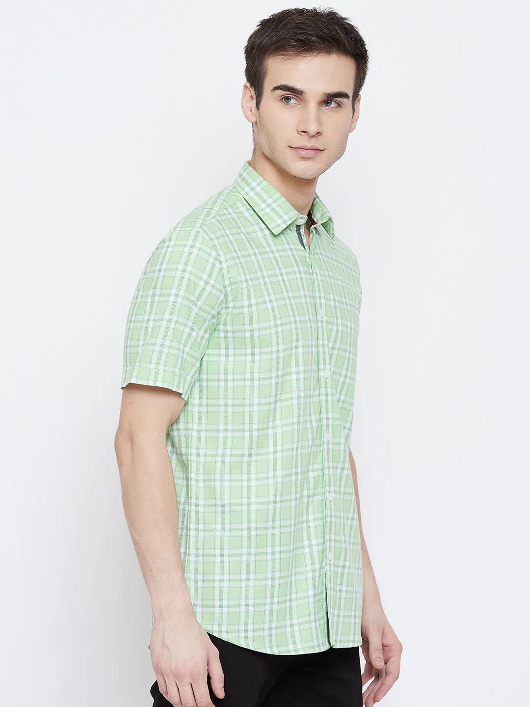 Mint Green Checked Spread Collar Slim Fit Shirt