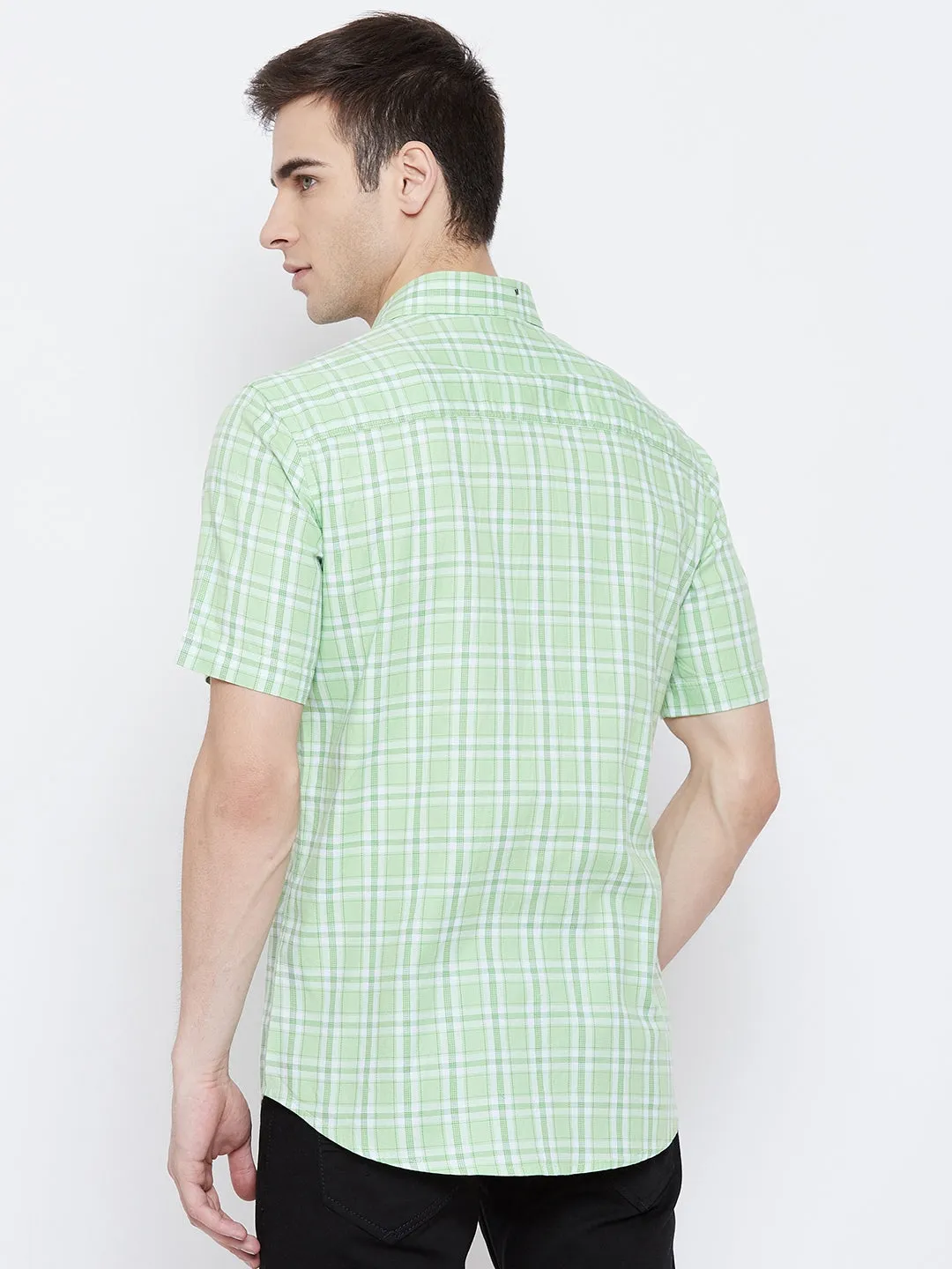 Mint Green Checked Spread Collar Slim Fit Shirt