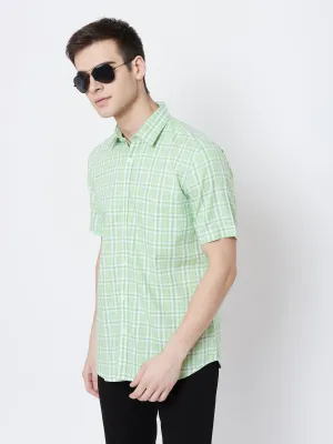 Mint Green Checked Spread Collar Slim Fit Shirt