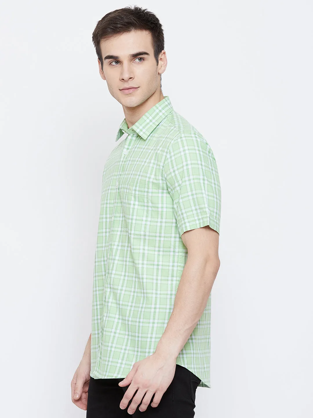 Mint Green Checked Spread Collar Slim Fit Shirt
