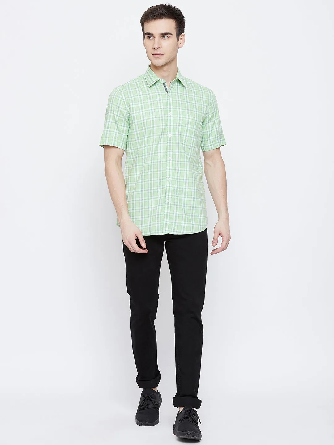 Mint Green Checked Spread Collar Slim Fit Shirt