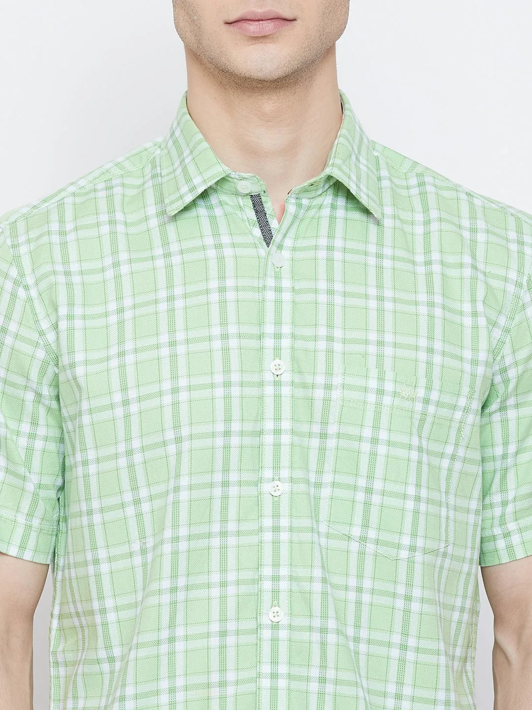 Mint Green Checked Spread Collar Slim Fit Shirt