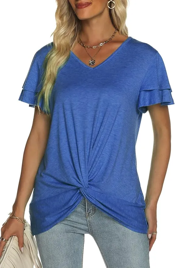 New Womens Summer Tops Ruffle Short Sleeve V Neck T Shirts Twist Front Tees Comfy Casual Top Blue Sz M