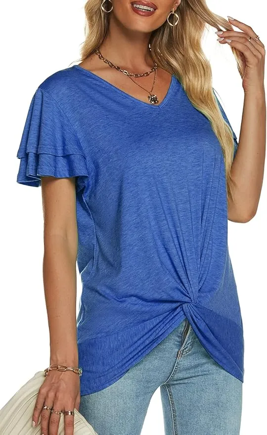 New Womens Summer Tops Ruffle Short Sleeve V Neck T Shirts Twist Front Tees Comfy Casual Top Blue Sz M