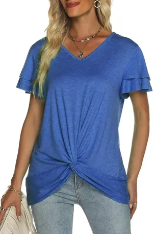 New Womens Summer Tops Ruffle Short Sleeve V Neck T Shirts Twist Front Tees Comfy Casual Top Blue Sz M