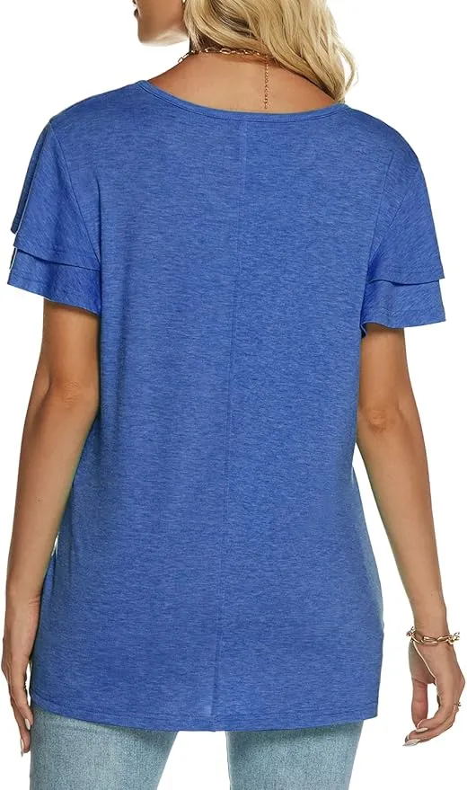 New Womens Summer Tops Ruffle Short Sleeve V Neck T Shirts Twist Front Tees Comfy Casual Top Teal Sz XL