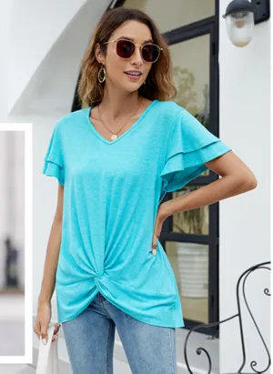 New Womens Summer Tops Ruffle Short Sleeve V Neck T Shirts Twist Front Tees Comfy Casual Top Teal Sz XL
