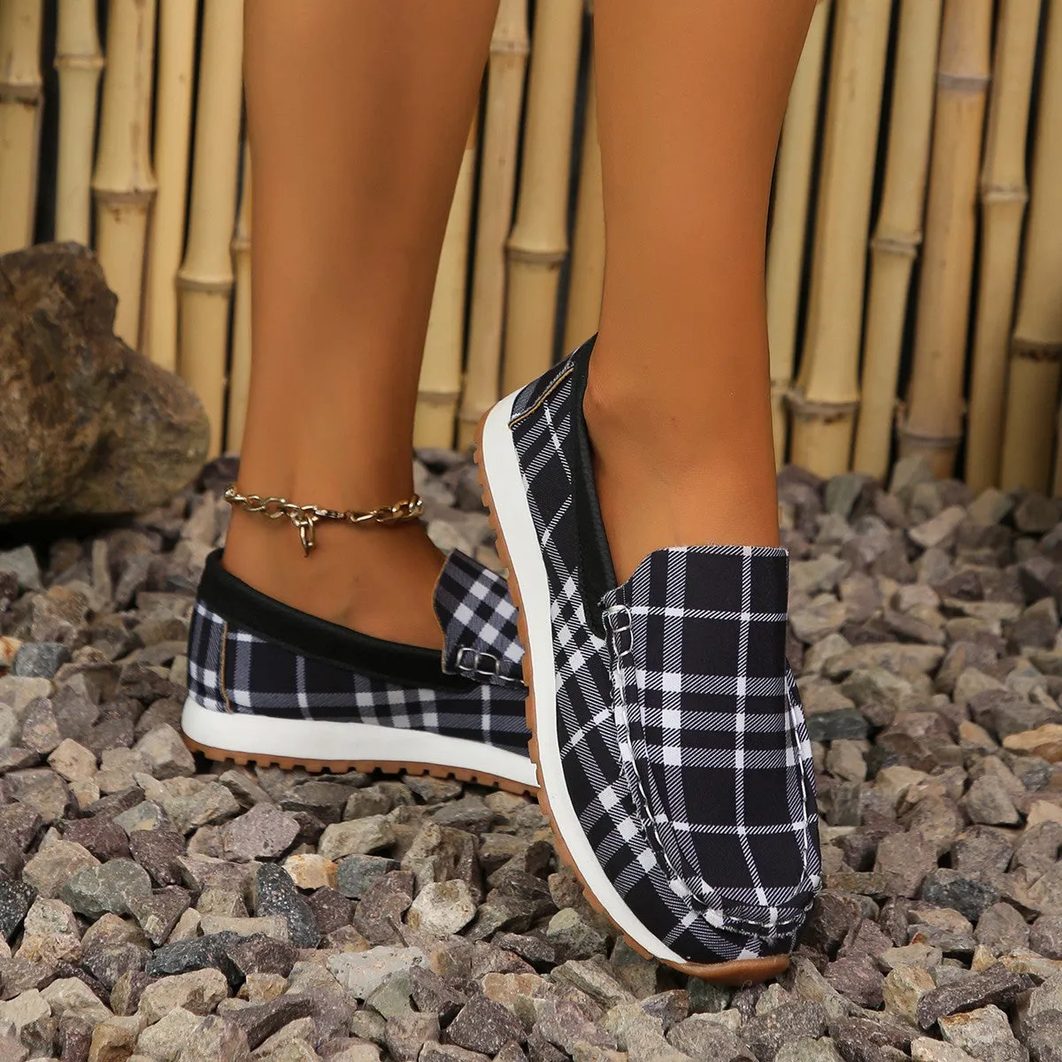 Plaid Round Toe Slip-On Sneakers