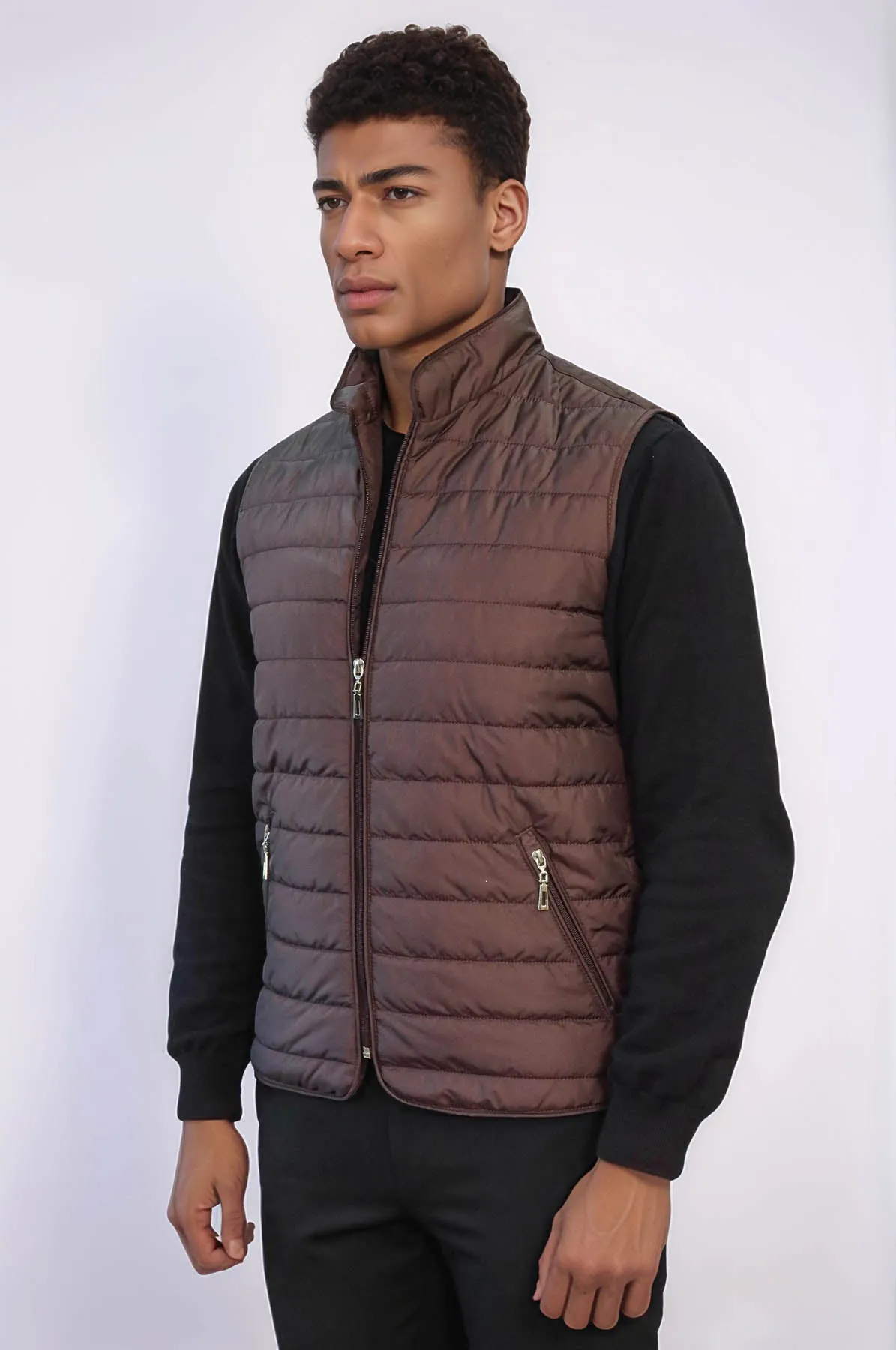 Quilted Sleeveless Brown Men Down Vest - Wessi