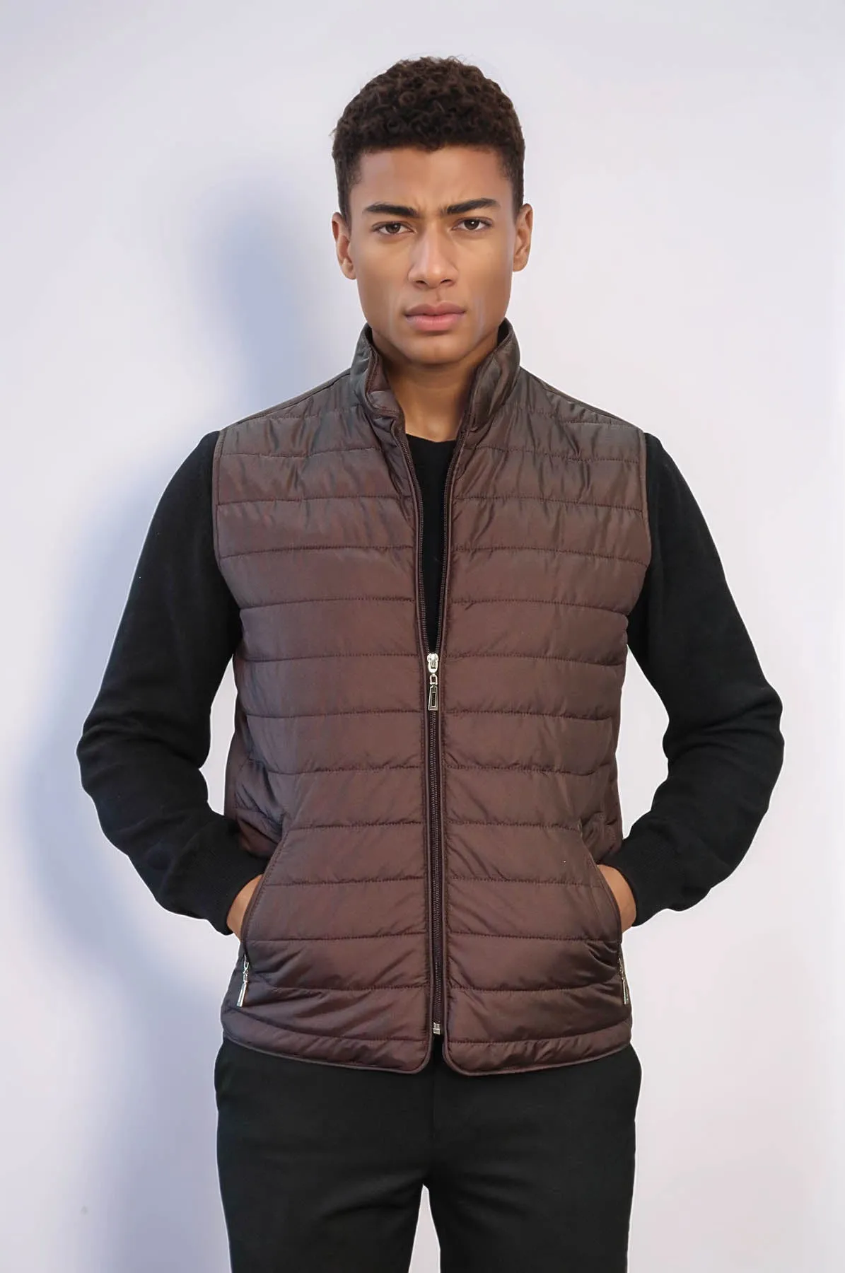 Quilted Sleeveless Brown Men Down Vest - Wessi