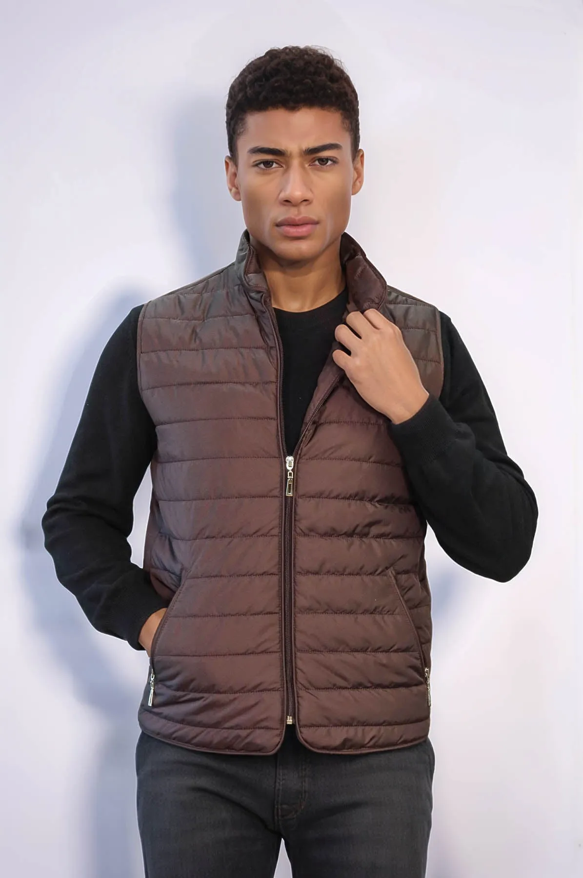 Quilted Sleeveless Brown Men Down Vest - Wessi